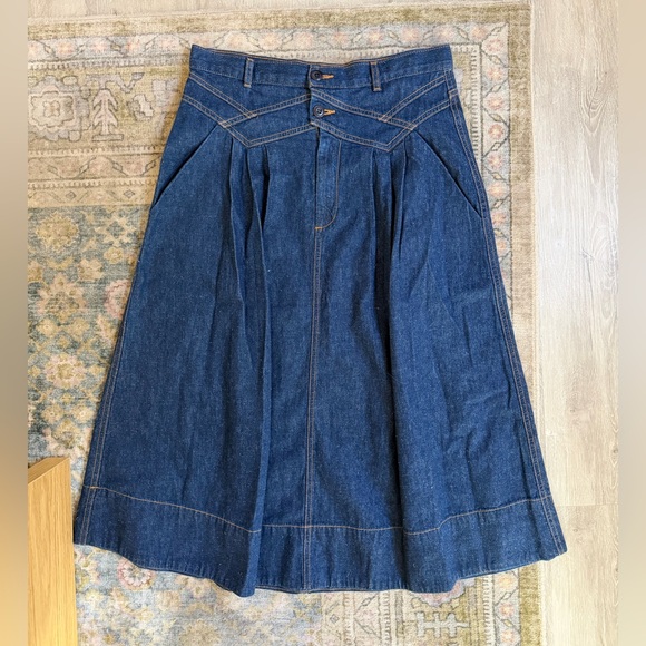 THE GREAT. Dark Denim A-Line Midi Skirt - Picture 2 of 7